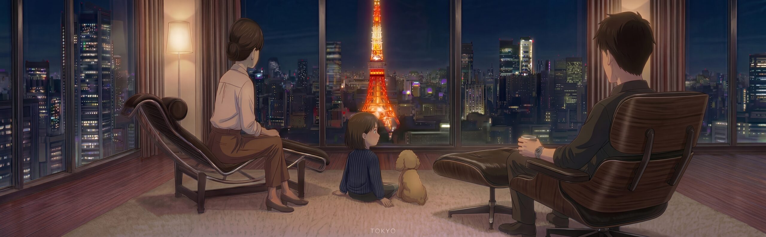 夜景を前に、家族とこれからの暮らしを考える共働き家庭のイメージ