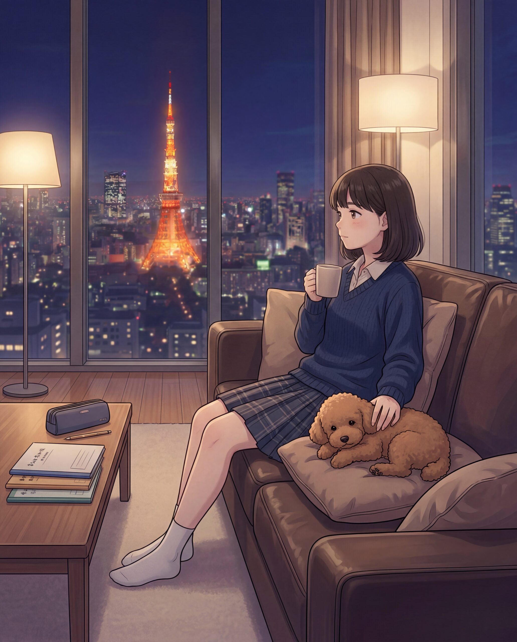 夜の自宅で女の子と犬が寄り添うイラスト