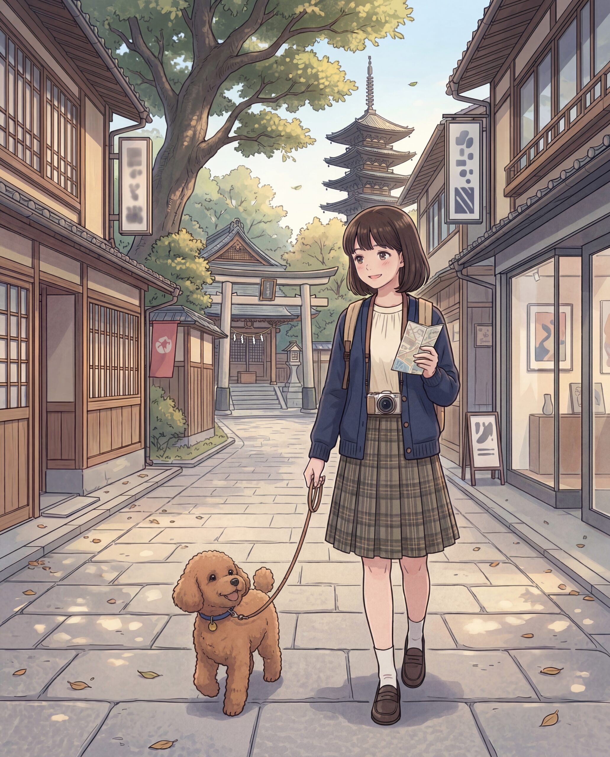 修学旅行を控えた中学3年生の女の子と犬のイラスト