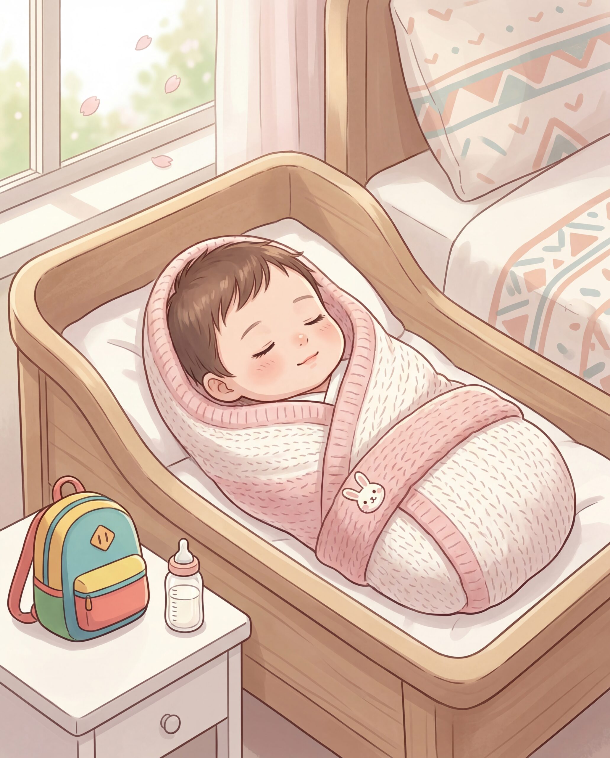 生まれたての赤ちゃんがやわらかな光の中で眠っているイラスト