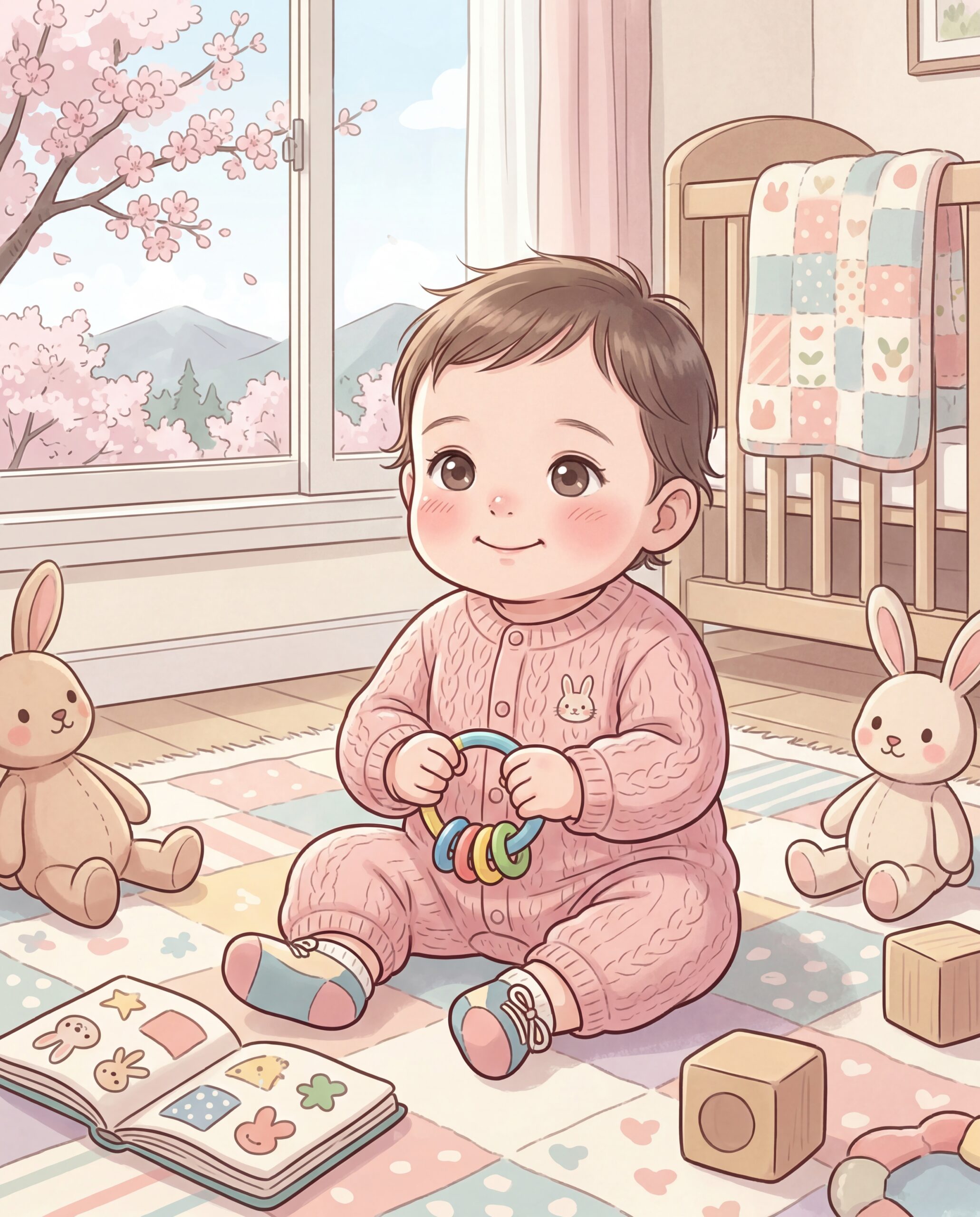 0歳の赤ちゃんが明るい室内でやわらかく笑っているイラスト