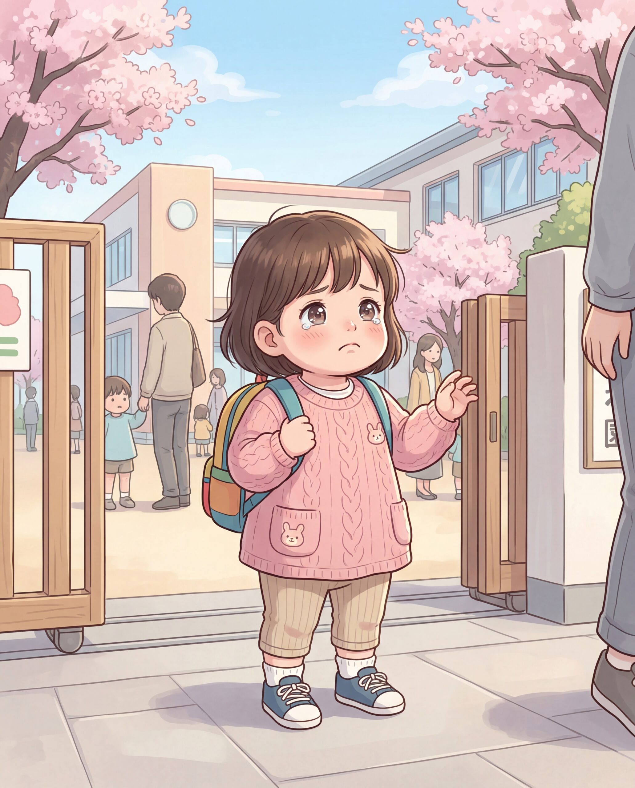 1歳の子どもが保育園入園の朝に少し不安そうに立っているイラスト