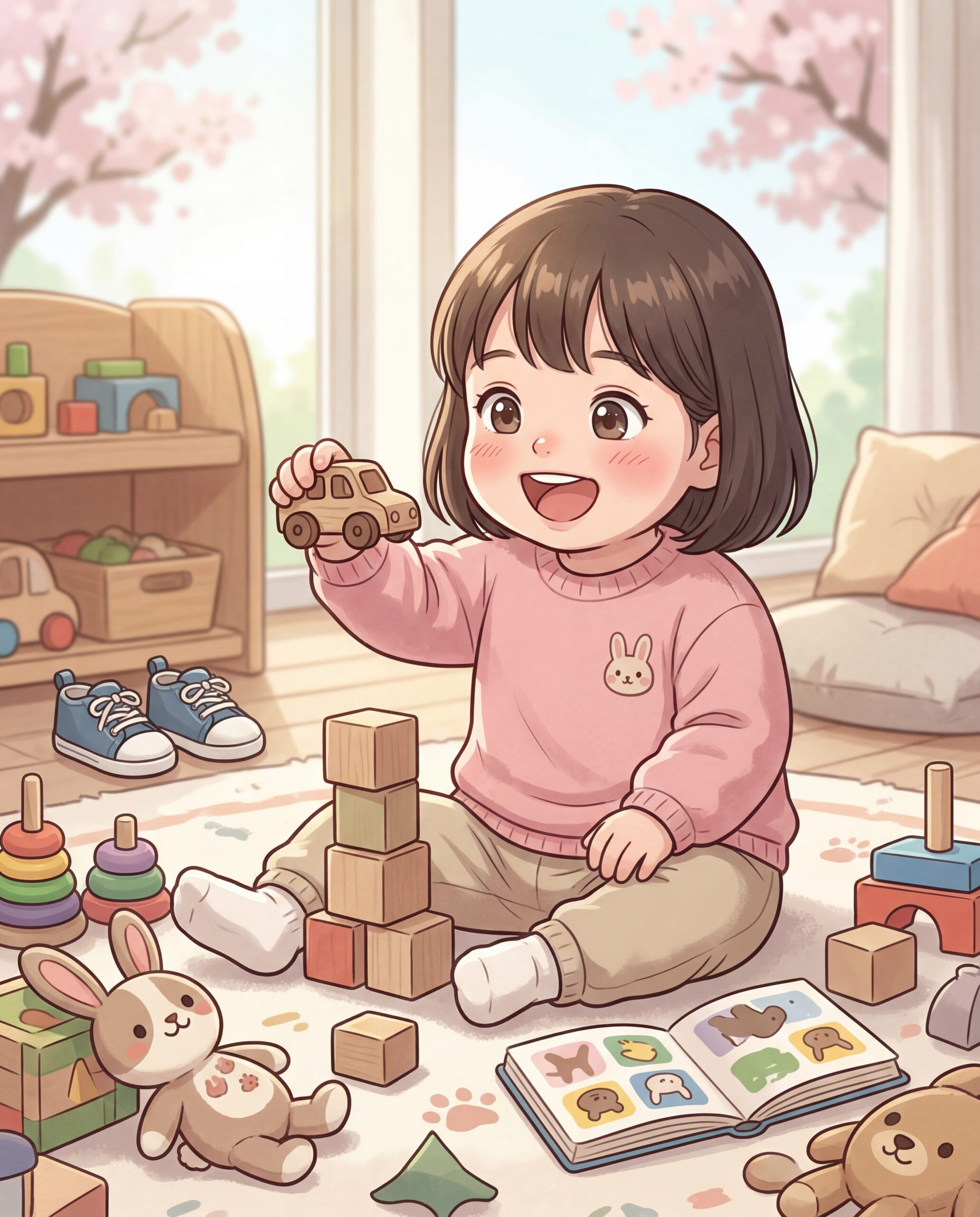 2歳の子どもが室内でおもちゃ遊びに夢中になっているイラスト