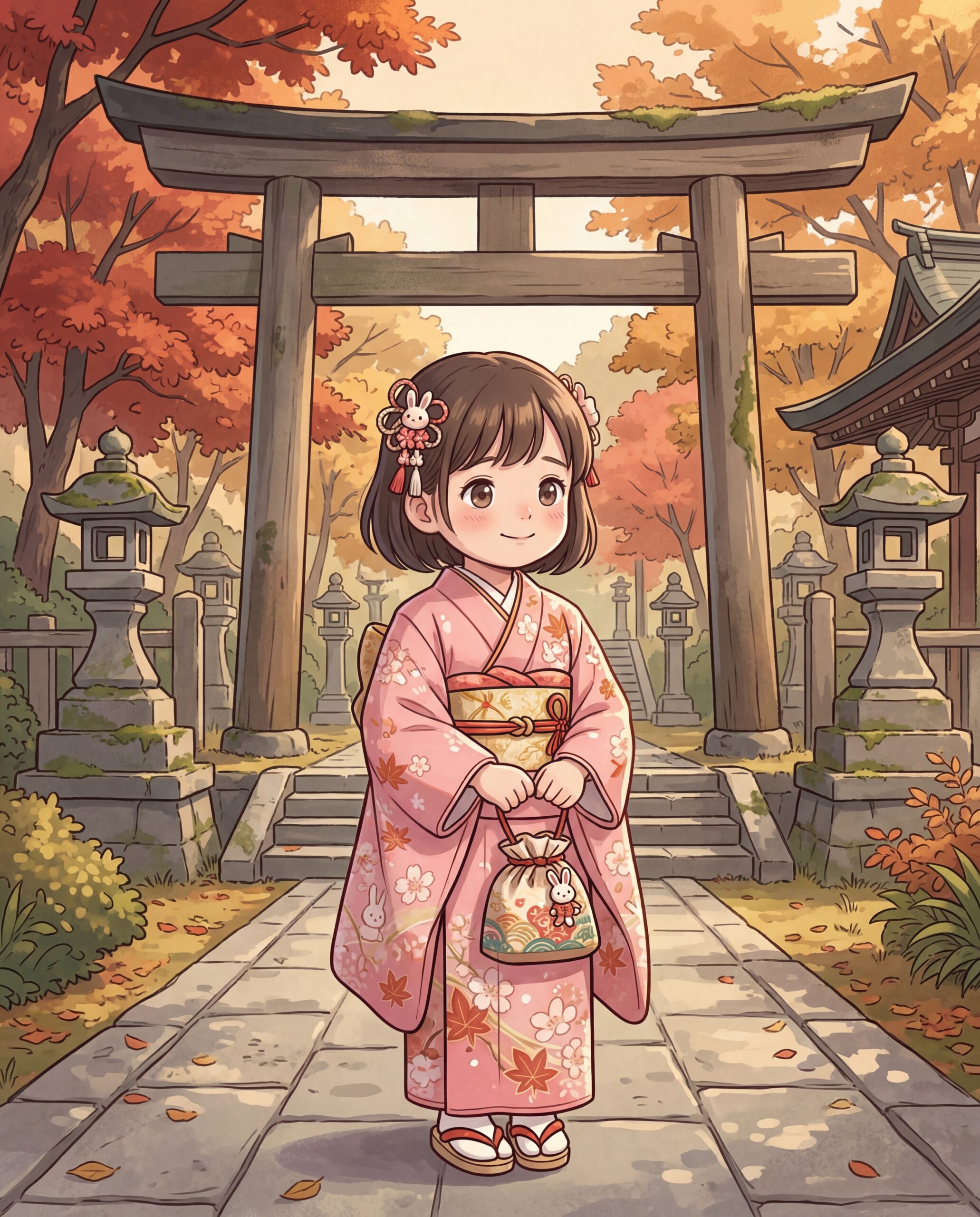 3歳の女の子が七五三の晴れ着で少し誇らしそうに立っているイラスト