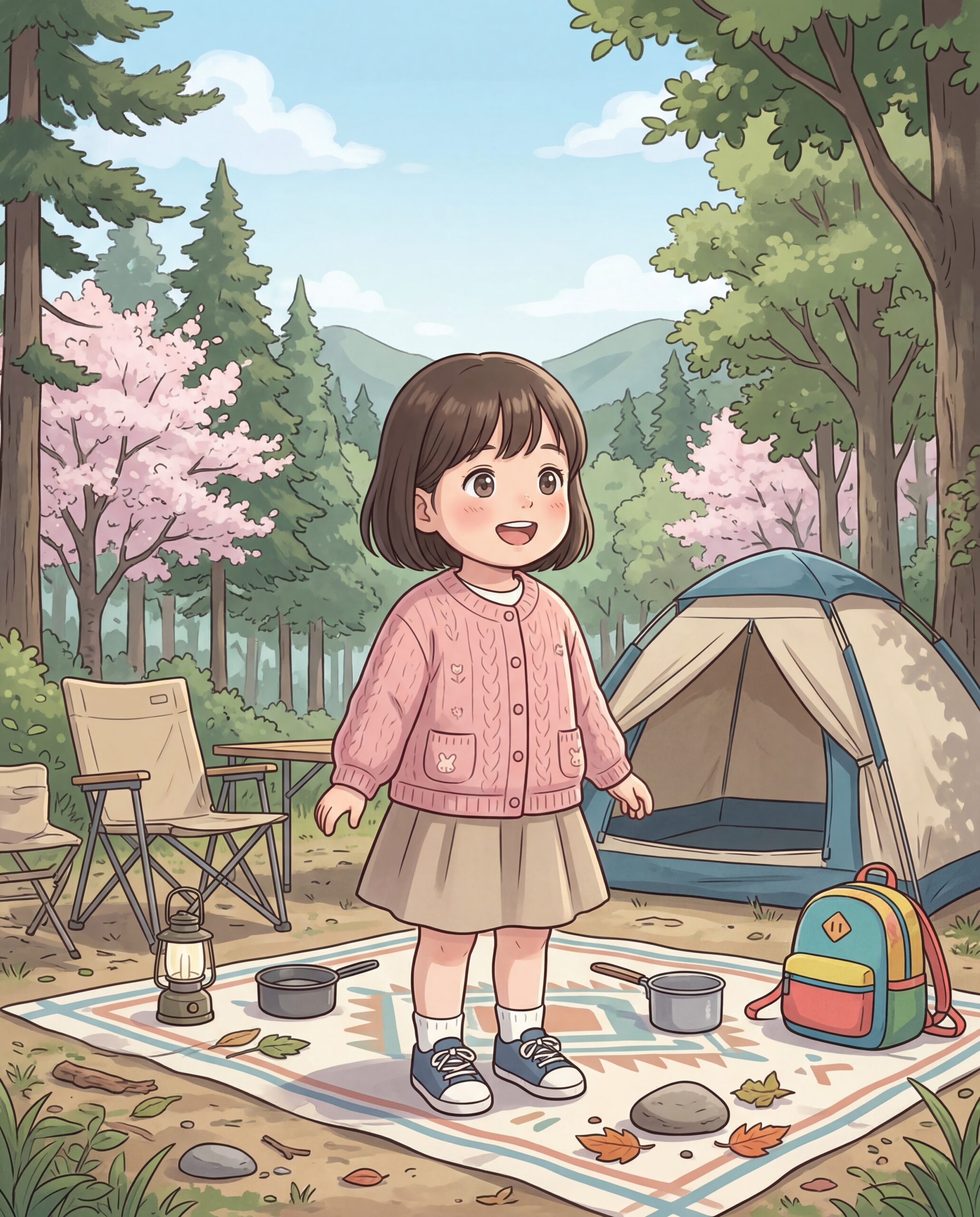 年少の女の子がキャンプで楽しそうにしているイラスト