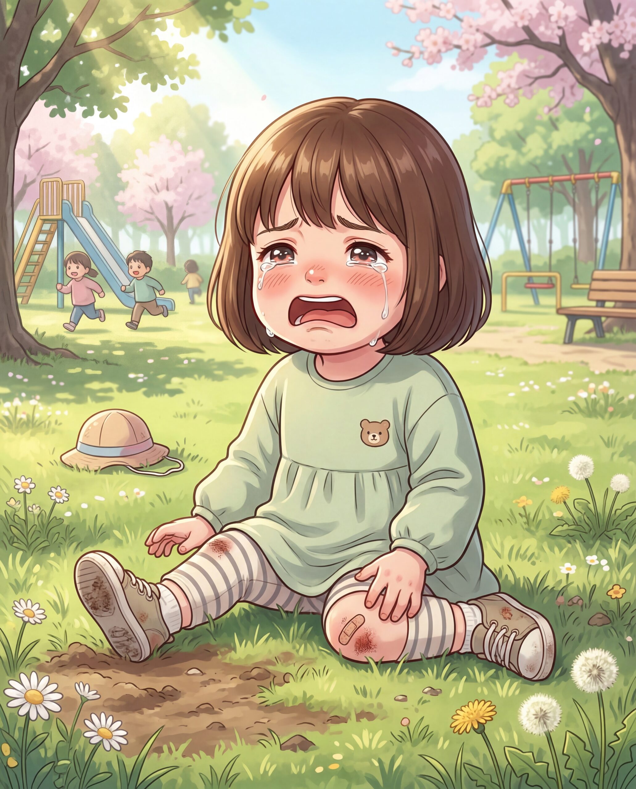 年中の女の子が公園で転んで泣いているイラスト