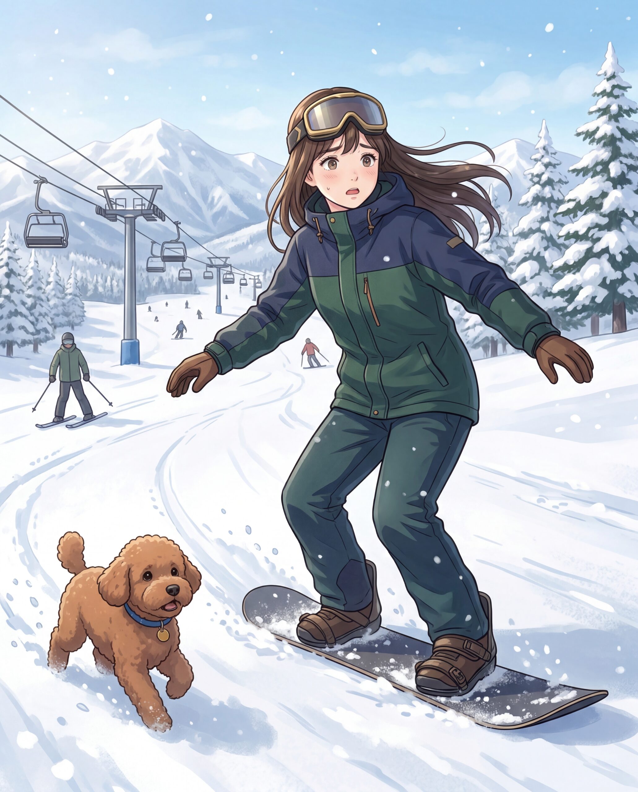 大学2年生の女の子と犬が並ぶイラスト